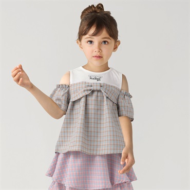 PIAMON(ピアモン) リボンチェックブラウス キッズ 女の子 110cm-130cm(ベージュ-130cm)