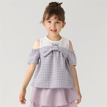 PIAMON(ピアモン) リボンチェックブラウス キッズ 女の子 110cm-130cm(ブルー-130cm)