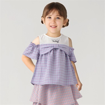 PIAMON(ピアモン) リボンチェックブラウス キッズ 女の子 110cm-130cm(ラベンダー-120cm)