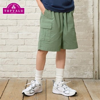 コットンリップストップ カーゴハーフパンツ 男の子 トップバリュ キッズ 130cm-160cm(グリーン-130cm)