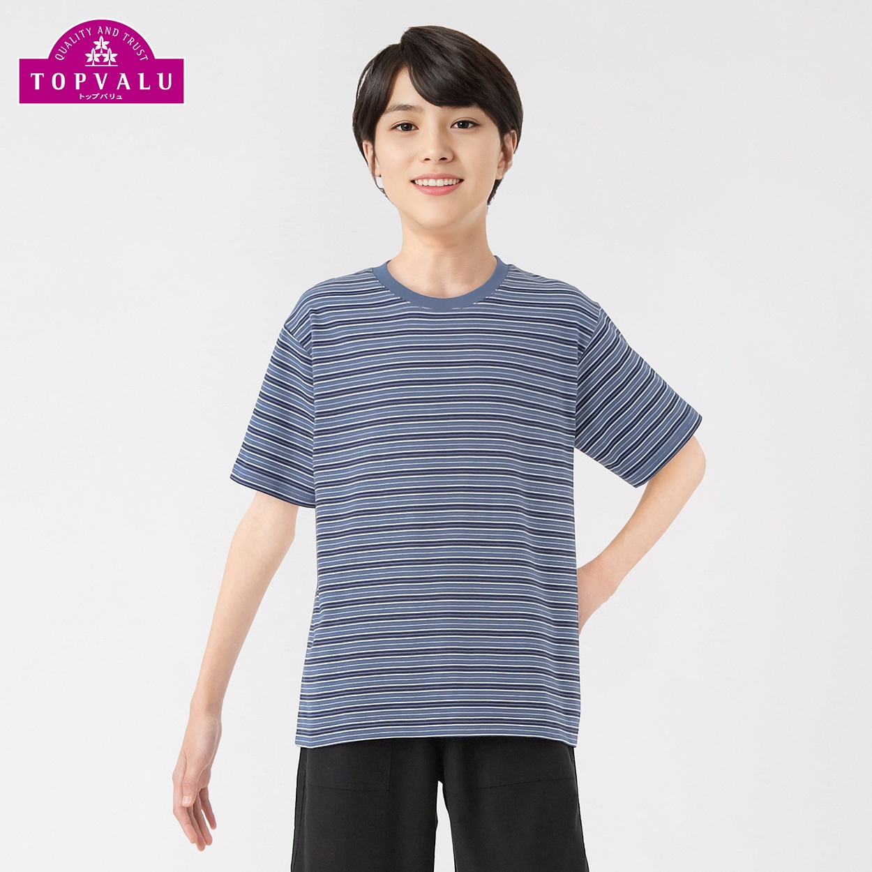 ピースフィットクール マルチボーダー柄半袖Ｔシャツ 男の子 トップバリュ キッズ 130cm-170cm(ネイビー-170cm)