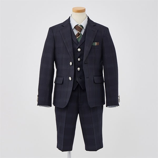 【美品】WANDER FACTORY フォーマルスーツ 120 ネイビーチェック WANDER FACTORY ネイビーチェックベスト付きスーツ キッズ 男の子
