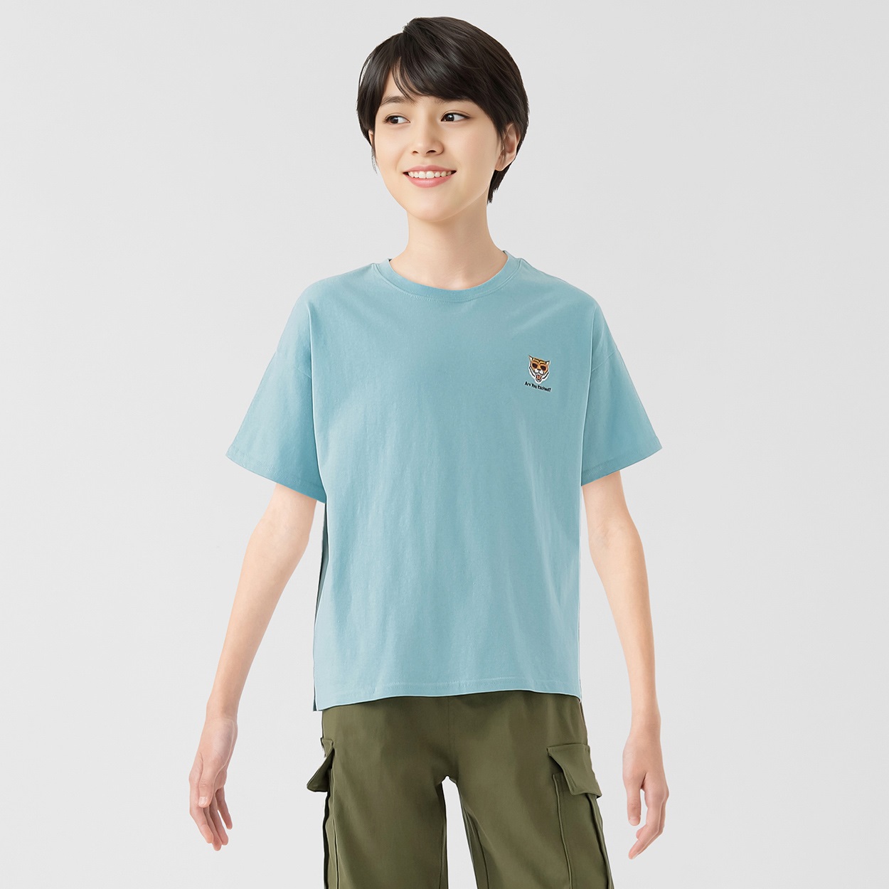空紡糸天竺刺繍ビッグシルエットＴシャツ 男の子 キッズ 130cm-170cm(ブルー-140cm)