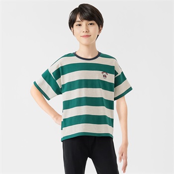空紡糸天竺転換ボーダー胸刺繍Ｔシャツ 男の子 キッズ 130cm-170cm(グリーン-130cm)