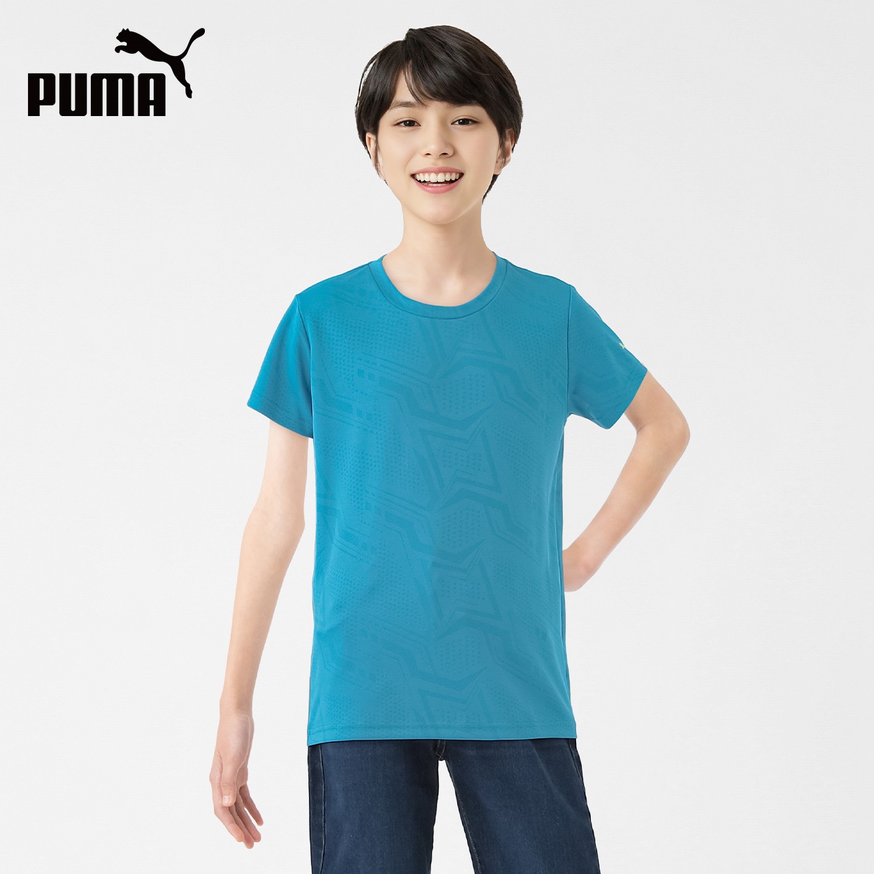 PUMA プーマ 半袖ジャガードシャツ 男の子 キッズ 130cm-160cm(ブルーグリーン-160cm)