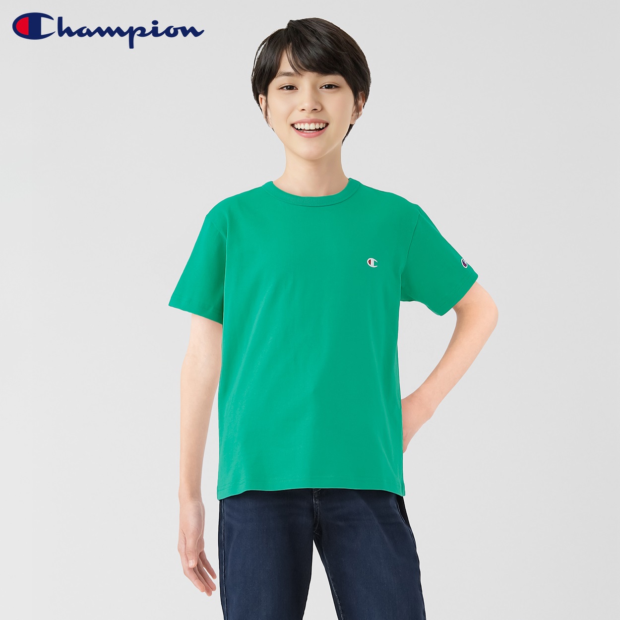 チャンピオン Tシャツ グリーン 150サイズ Champion(チャンピオン) ワンポイント半袖Tシャツ 男の子 キッズ