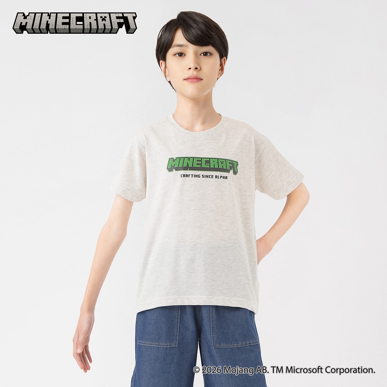 Minecraft(マインクラフト)ステッカー風半袖Tシャツ キッズ 130cm-160cm(オートミール-160cm)