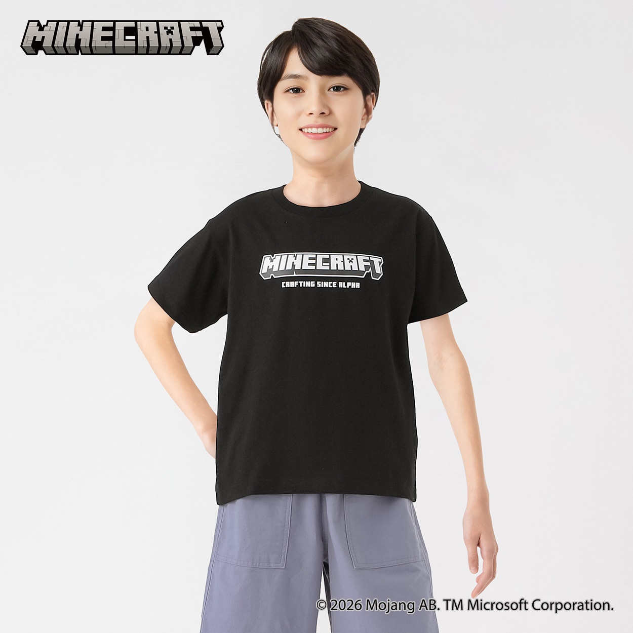 Minecraft(マインクラフト)ステッカー風半袖Tシャツ キッズ 130cm-160cm(ブラック-130cm)