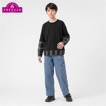 衿よれにくい袖レイヤード天竺長袖Tシャツ キッズ 男の子 トップバリュ 130cm-160cm(ブラック-130cm)