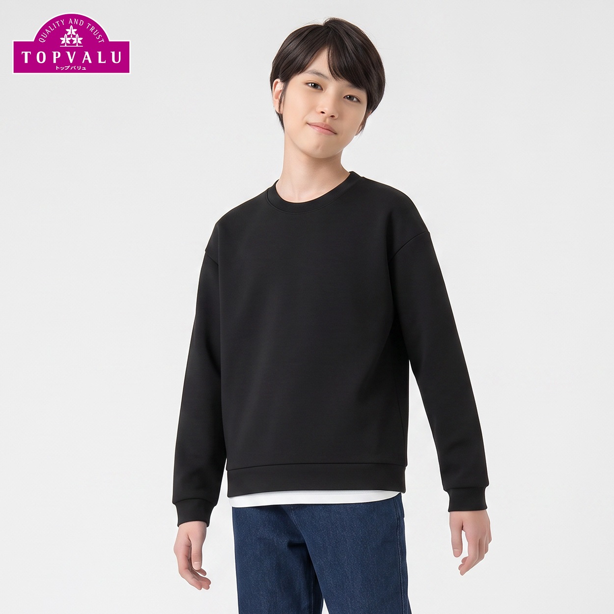 衿よれにくい裾レイヤードトレーナー キッズ 男の子 トップバリュ 130cm-170cm(ブラック-160cm)