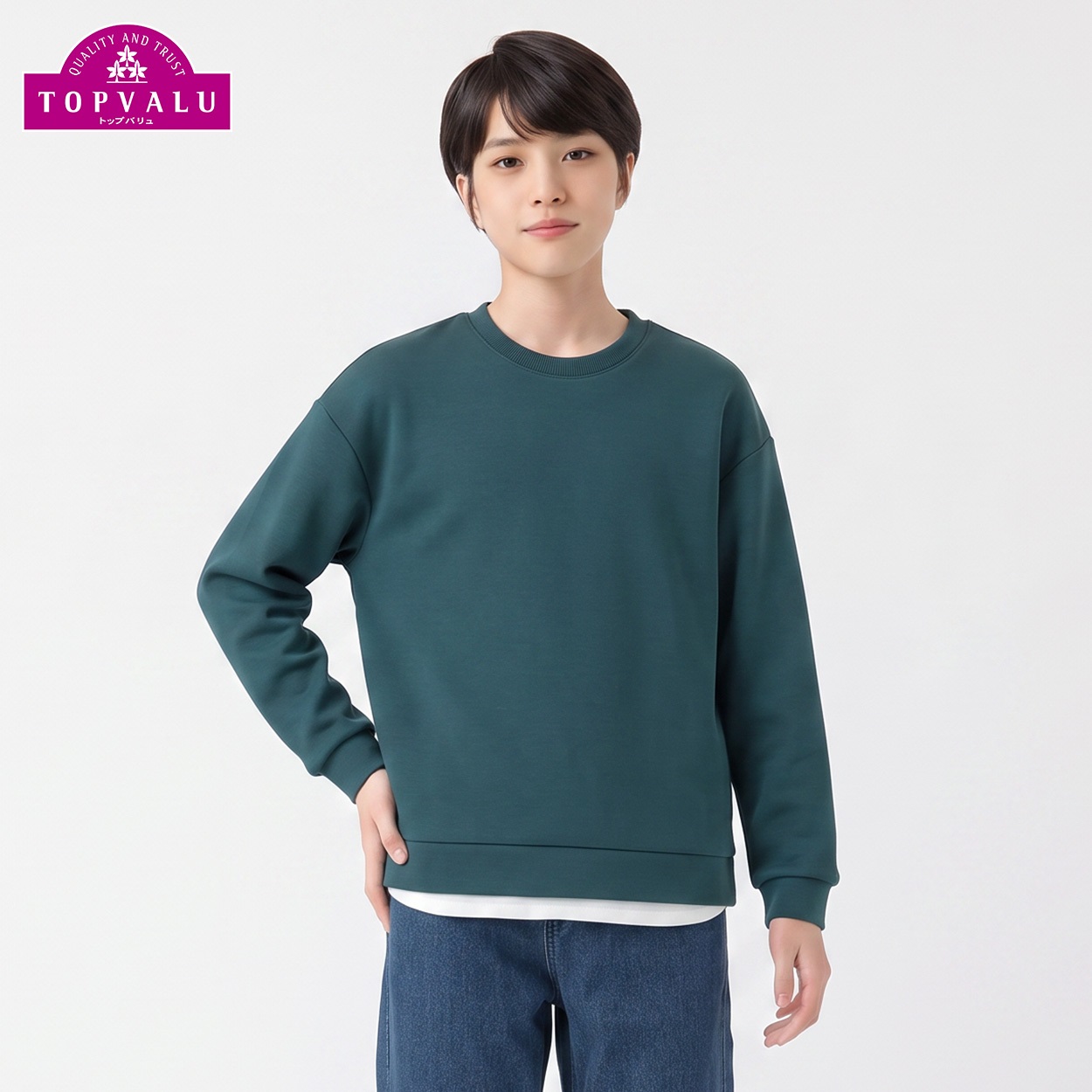 衿よれにくい裾レイヤードトレーナー キッズ 男の子 トップバリュ 130cm-170cm(グリーン-140cm)