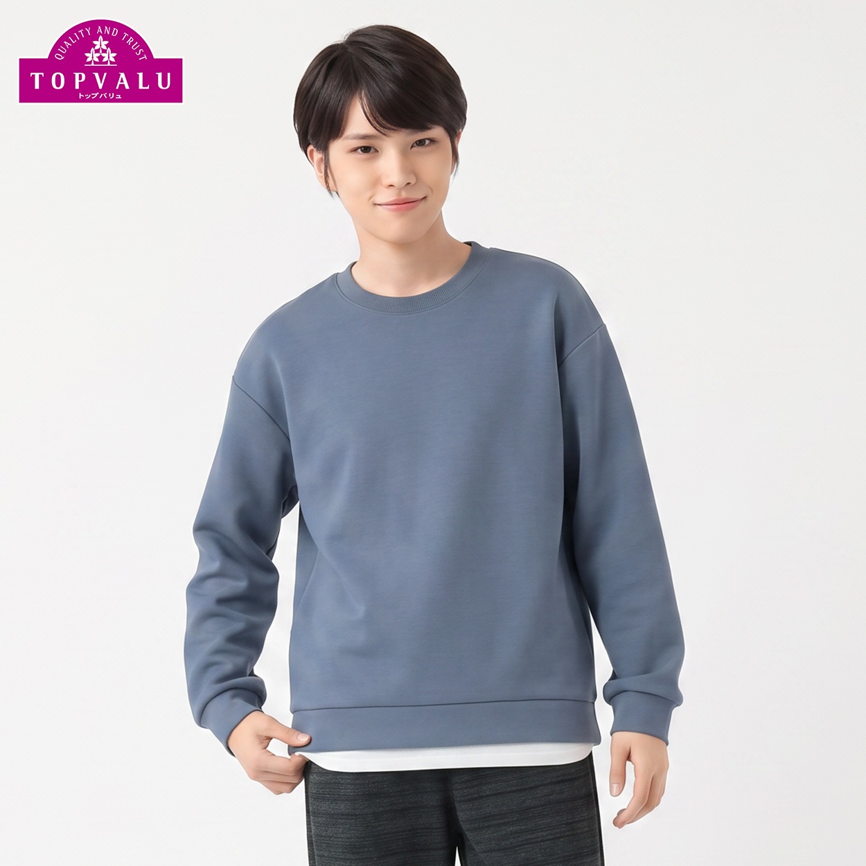 衿よれにくい裾レイヤードトレーナー キッズ 男の子 トップバリュ 130cm-170cm(サックス-130cm)