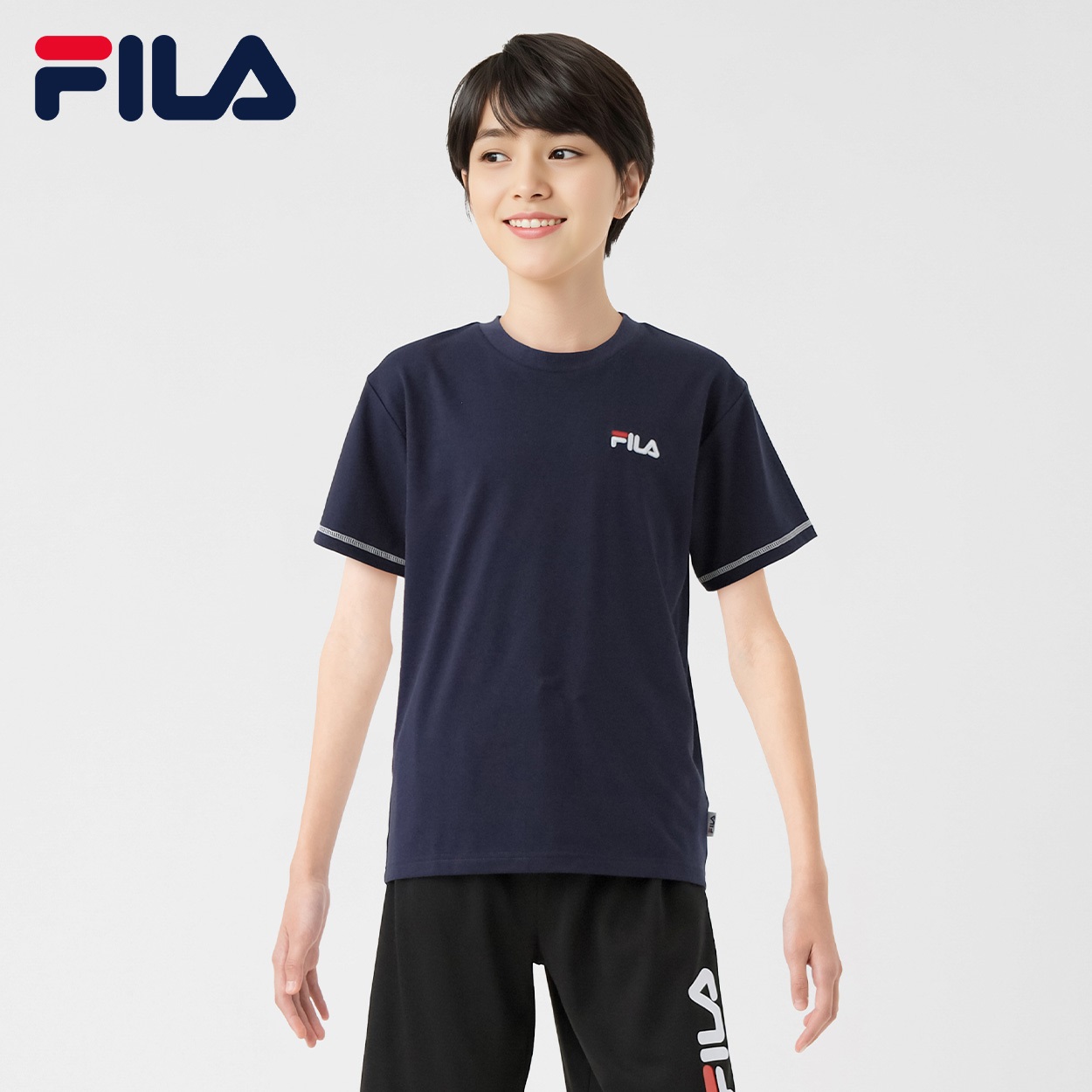 FILA(フィラ) 袖ラインTシャツ キッズ 男の子 130cm-160cm(ネイビー-130cm)