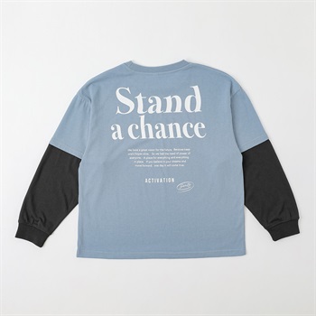 バッグプリント重ね着風ロングTシャツ キッズ 男の子 130cm-160cm(サックス-130cm)