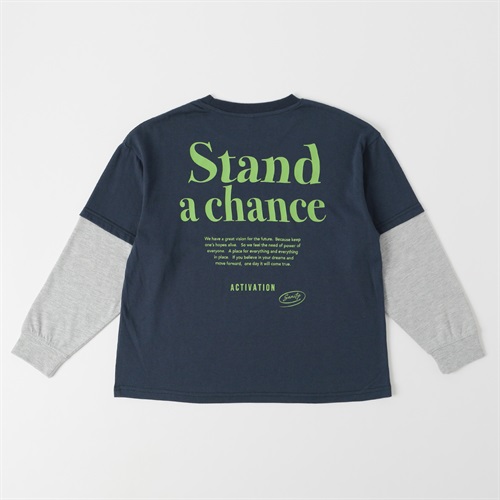 バッグプリント重ね着風ロングTシャツ キッズ 男の子 130cm-160cm(ネイビー-130cm)
