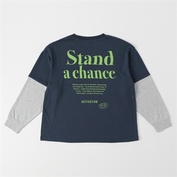 バッグプリント重ね着風ロングTシャツ キッズ 男の子 130cm-160cm(ネイビー-130cm)