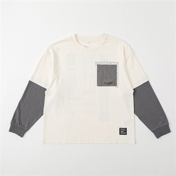 胸ポケット重ね着風ロングTシャツ キッズ 男の子 130cm-160cm(ホワイト-130cm)