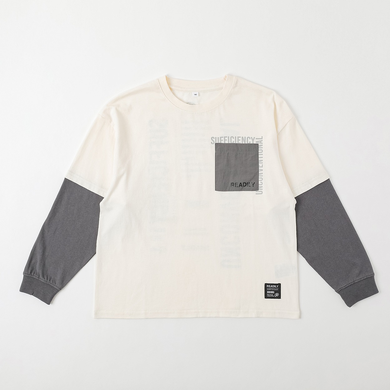 胸ポケット重ね着風ロングTシャツ キッズ 男の子 130cm-160cm(ホワイト-150cm)