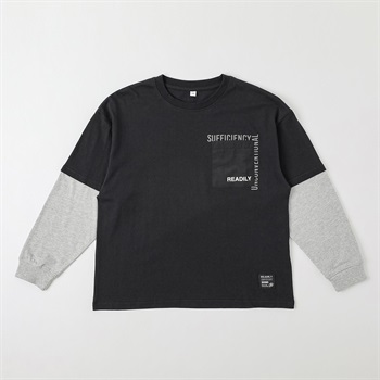 胸ポケット重ね着風ロングTシャツ キッズ 男の子 130cm-160cm(ブラック-130cm)