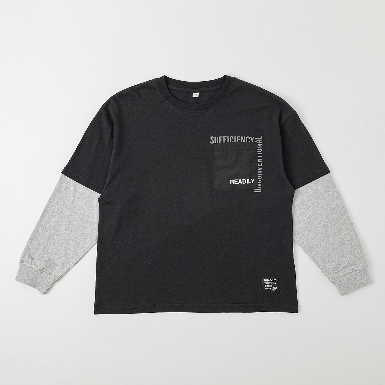 胸ポケット重ね着風ロングTシャツ キッズ 男の子 130cm-160cm(ブラック-150cm)