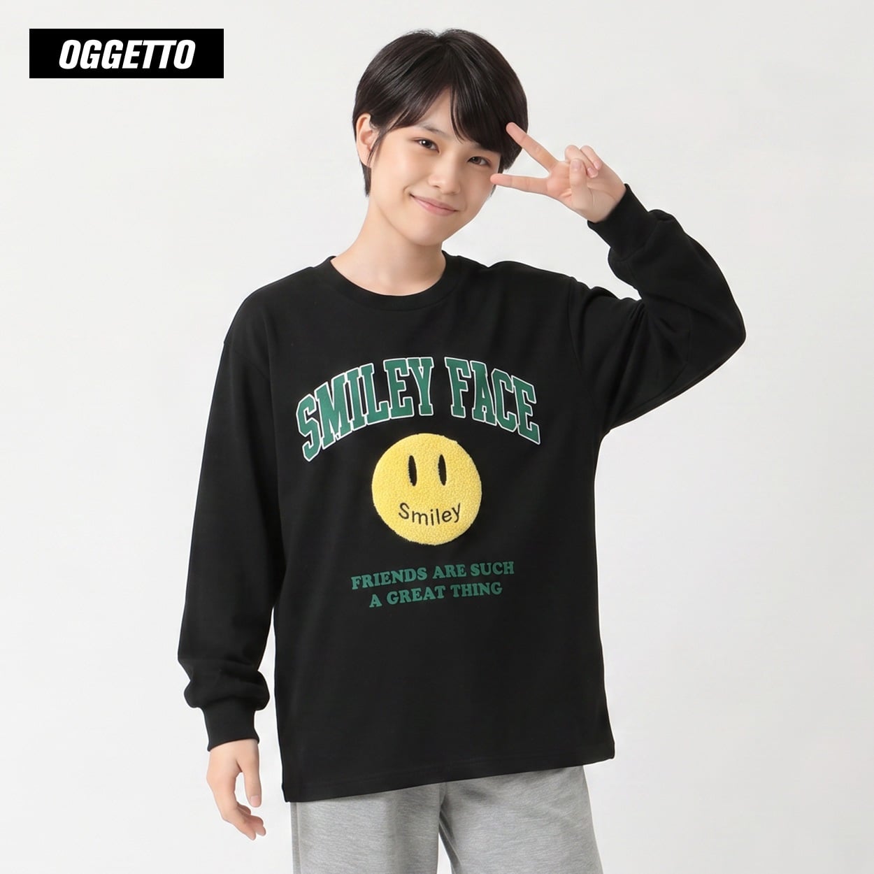 OGGETTO(オジェット) スマイリーコラボサガラ長袖Ｔシャツ キッズ 男の子 140cm-170cm(ブラック-160cm)