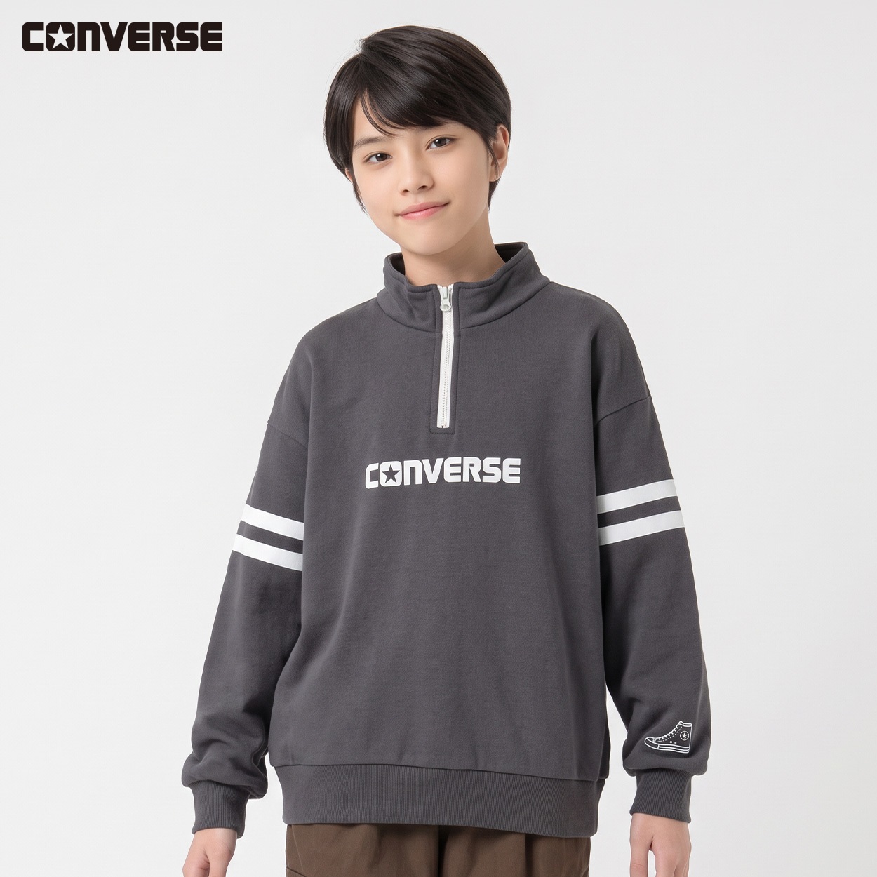 CONVERSE(コンバース) 袖ラインハーフジップ キッズ 男の子 130～160cm(チャコールグレー-160cm)