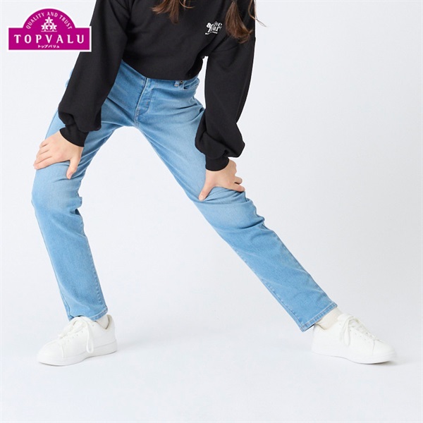 スタ楽 デニムロングパンツ 女の子 トップバリュ キッズ ジュニア  ボトムス 130cm-160cm(ライトブルー-140cm)