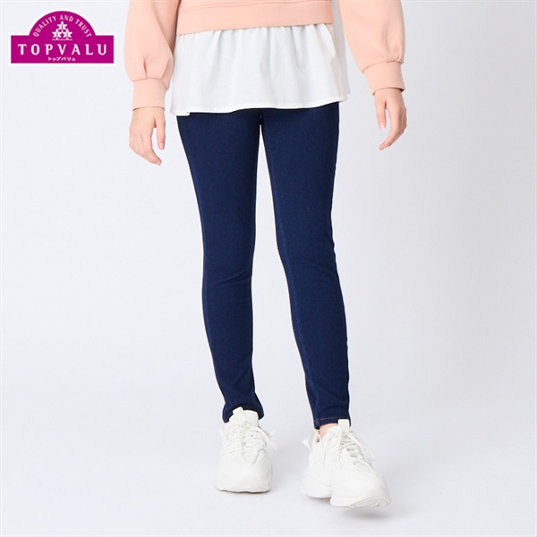 スタ楽 ニットデニムロングパンツ 女の子 トップバリュ キッズ130cm-160cm(ネイビー-160cm)
