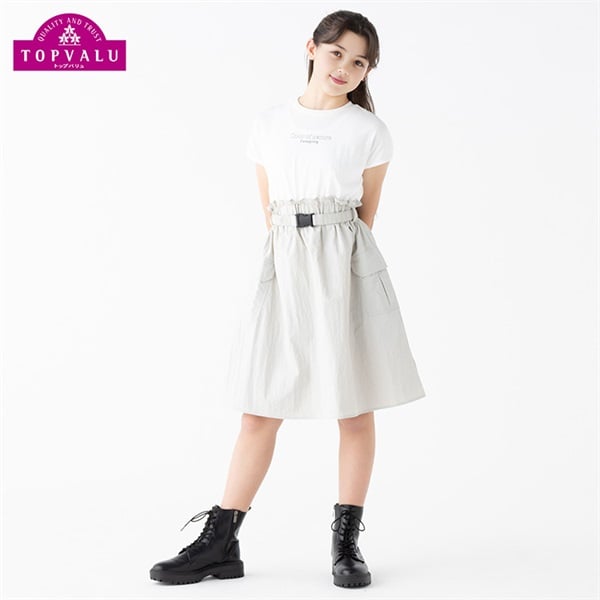 布帛切替ドッキングワンピース 女の子 トップバリュ キッズ 130cm-160cm(グレー-140cm)