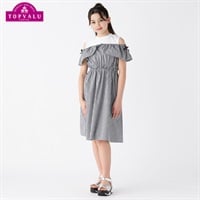 オフショルダーワンピース 女の子 トップバリュ キッズ 130cm-160cm(ブラックギンガムチェック-130cm)