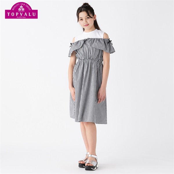 オフショルダーワンピース 女の子 トップバリュ キッズ 130cm-160cm(ブラックギンガムチェック-150cm)
