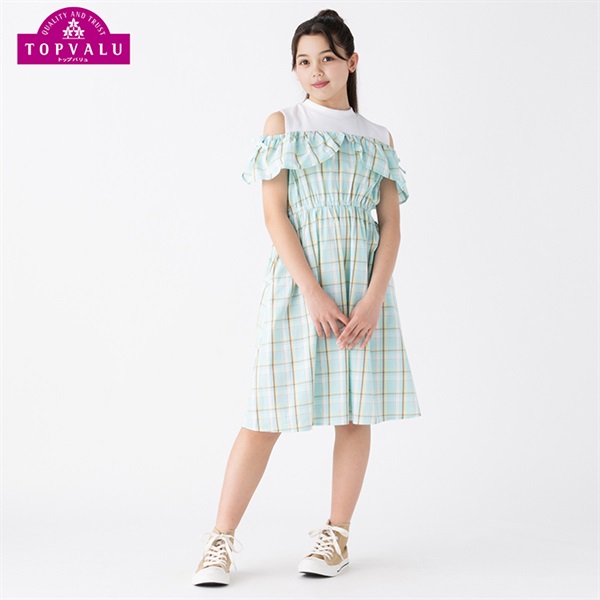 オフショルダーワンピース 女の子 トップバリュ キッズ 130cm-160cm(グリーンチェック-140cm)