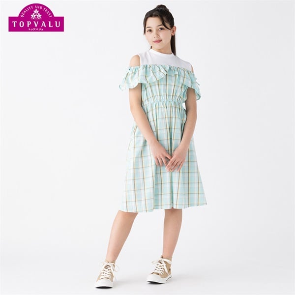 オフショルダーワンピース 女の子 トップバリュ キッズ 130cm-160cm(グリーンチェック-150cm)