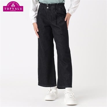 スタ楽 ペーパーバックワイドパンツ 女の子 トップバリュ キッズ130cm-160cm(ブラック-130cm)