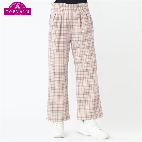 スタ楽 ウエストギャザーワイドパンツ 女の子 トップバリュ キッズ130cm-160cm(ベージュチェック-140cm)