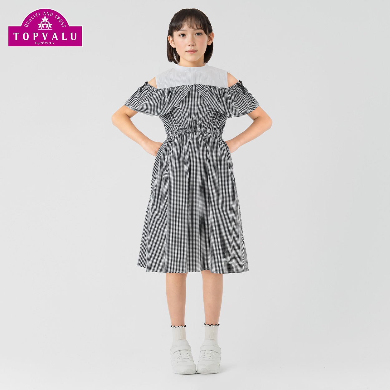 チェック柄 オフショルワンピース トップバリュ キッズ 130cm-160cm(ブラックギンガムチェック-130cm)