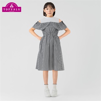 チェック柄 オフショルワンピース トップバリュ キッズ 130cm-160cm(ブラックギンガムチェック-130cm)