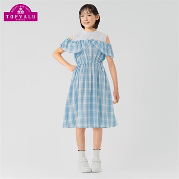 チェック柄 オフショルワンピース トップバリュ キッズ 130cm-160cm(ミントチェック-130cm)