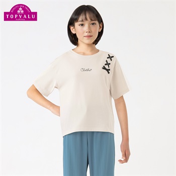 ピースフィットクール 肩リボンデザイン半袖Ｔシャツ 女の子 トップバリュ キッズ130cm-160cm(ベージュ-130cm)