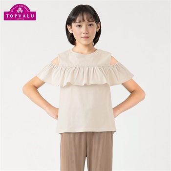 ピースフィットクール 胸フリル使い半袖Ｔシャツ 女の子 トップバリュ キッズ130cm-160cm(ベージュ-130cm)
