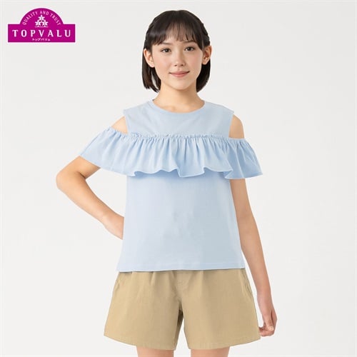 ピースフィットクール 胸フリル使い半袖Ｔシャツ 女の子 トップバリュ キッズ130cm-160cm(サックス-130cm)
