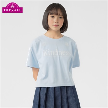 コットン衿よれにくい 袖ラインクロップド半袖Tシャツ 女の子 トップバリュ キッズ 130cm-160cm(サックス-130cm)