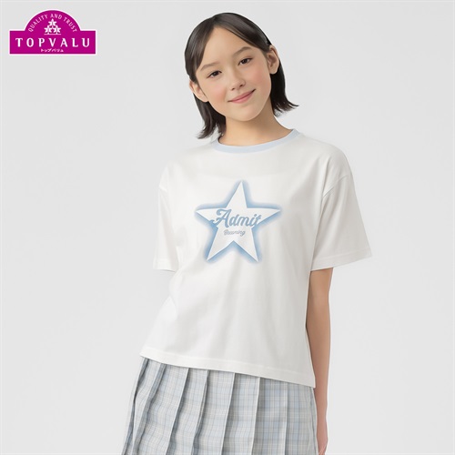 コットン衿よれにくい 星柄スプレー風プリント半袖Tシャツ 女の子 トップバリュ キッズ 130cm-160cm