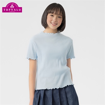 コットンメロウネック半袖Tシャツ 女の子 トップバリュ キッズ 130cm-160cm(サックス-130cm)
