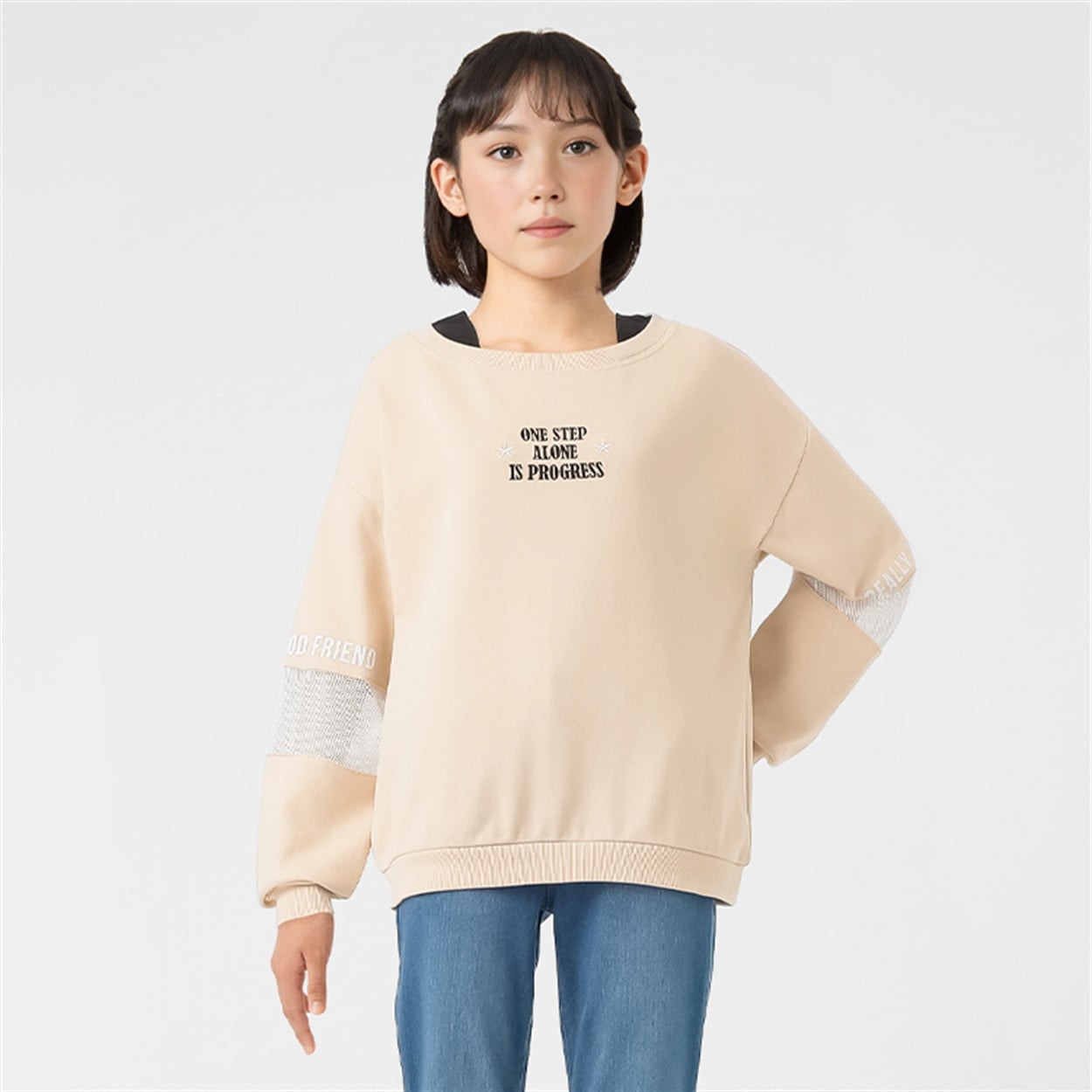 裏毛袖メッシュ切替ロゴトレーナー 女の子 キッズ 130cm-160cm