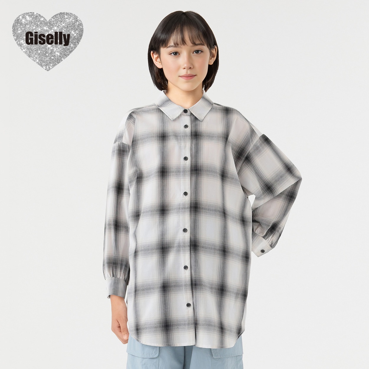 Giselly(ジゼリー) マルチWAYチェックシャツ 女の子 キッズ 130cm-160cm(ブラック-160cm)