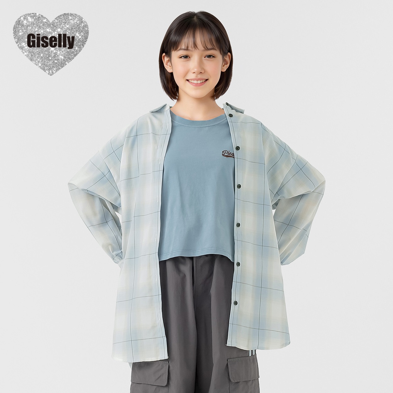 Giselly(ジゼリー) マルチWAYチェックシャツ 女の子 キッズ 130cm-160cm(サックス-160cm)