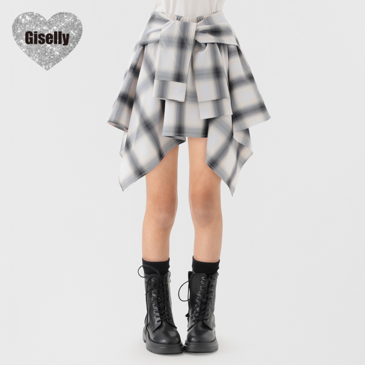 Giselly(ジゼリー) 腰巻シャツ風チェックスカート 女の子 キッズ 130cm-160cm(ブラック-130cm)