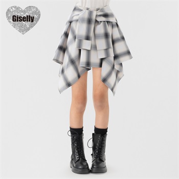 Giselly(ジゼリー) 腰巻シャツ風チェックスカート 女の子 キッズ 130cm-160cm(ブラック-130cm)
