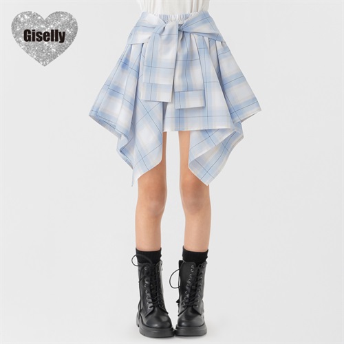 Giselly(ジゼリー) 腰巻シャツ風チェックスカート 女の子 キッズ 130cm-160cm(サックス-130cm)